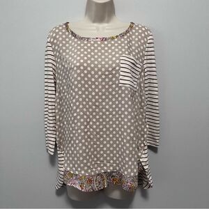 Anthropologie Beige and White Polka Dot Mixed-Pattern Blouse